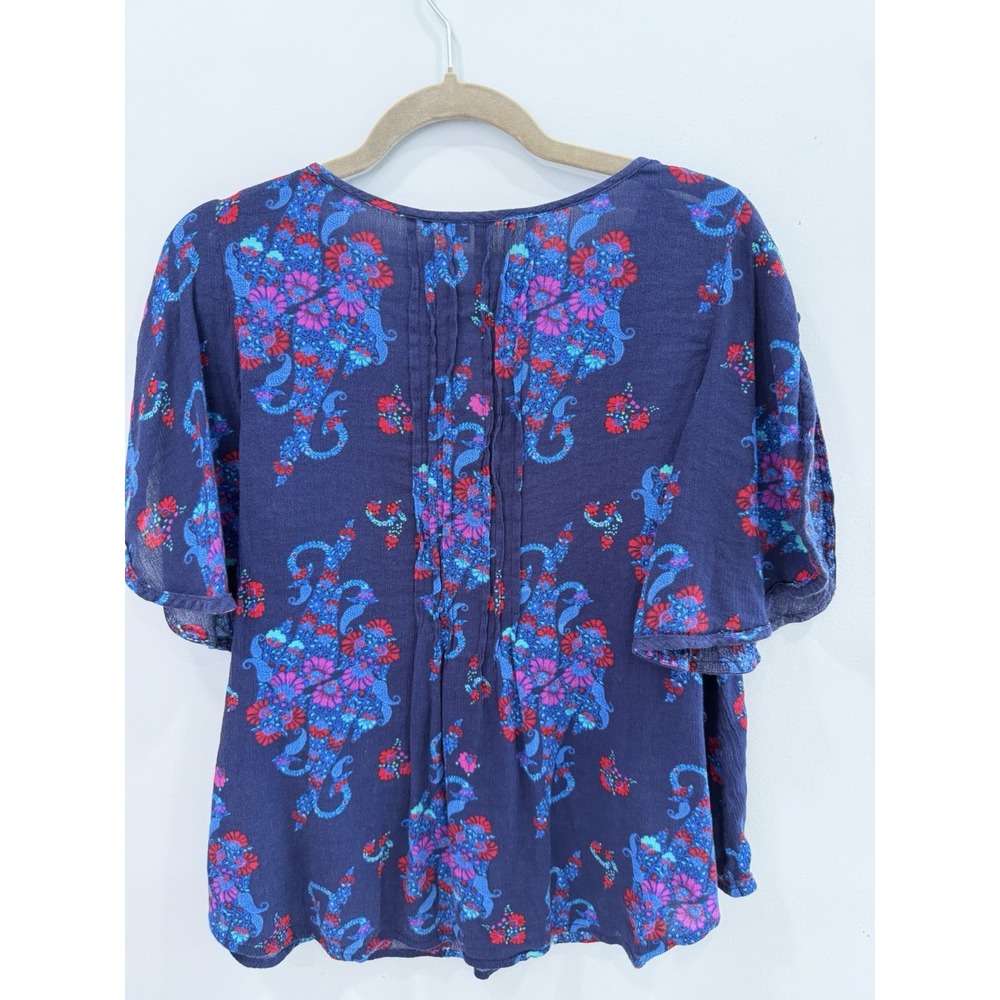 New Directions Peasant Blouse Small Navy Blue Floral Boho Flutter Sleeve - Picture 2 of 7